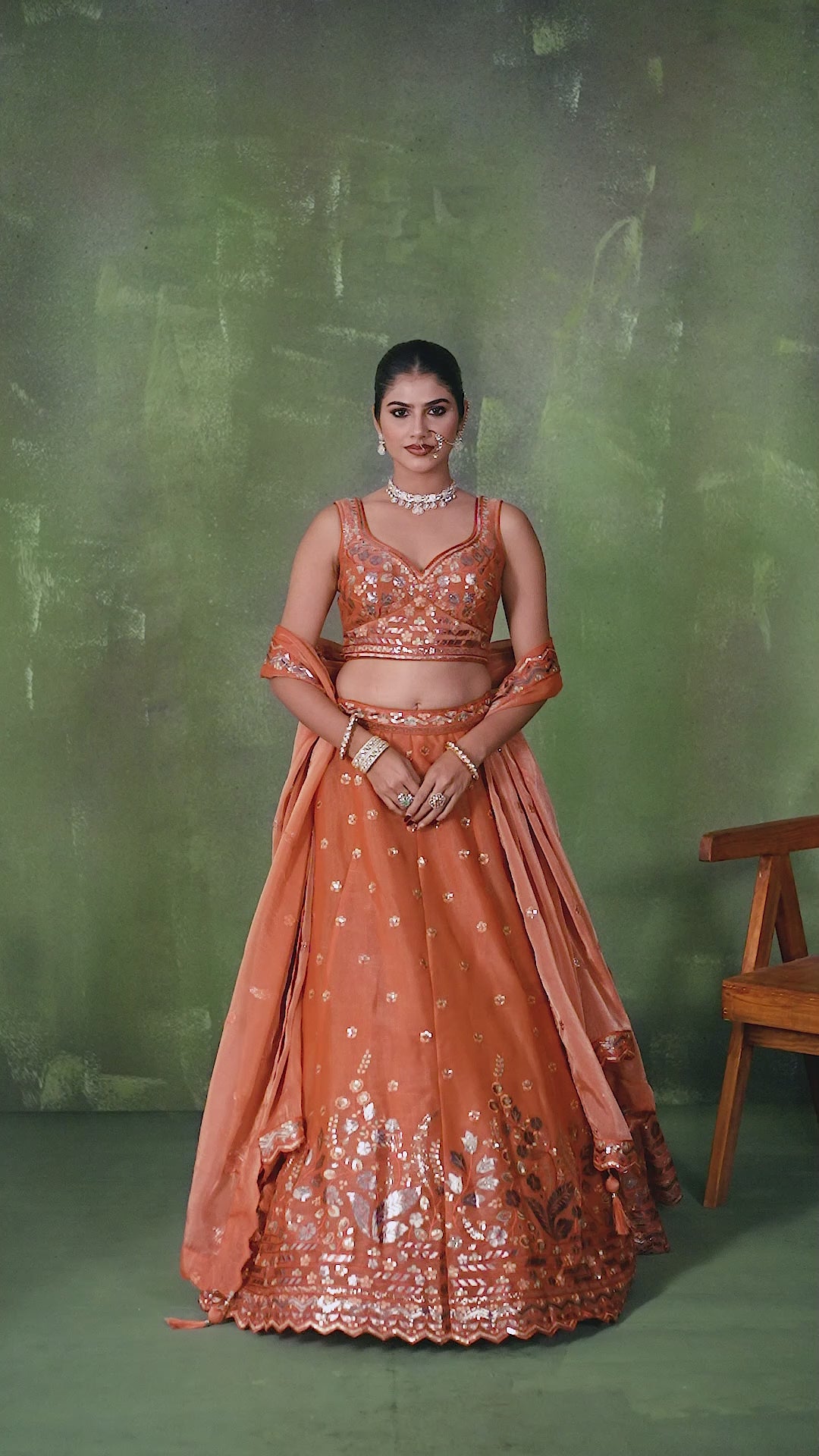 ORANGE Organza Fabric Sequins Thread and Embroidery Semi Stitched Lehenga and Unstitched Blouse With Dupatta