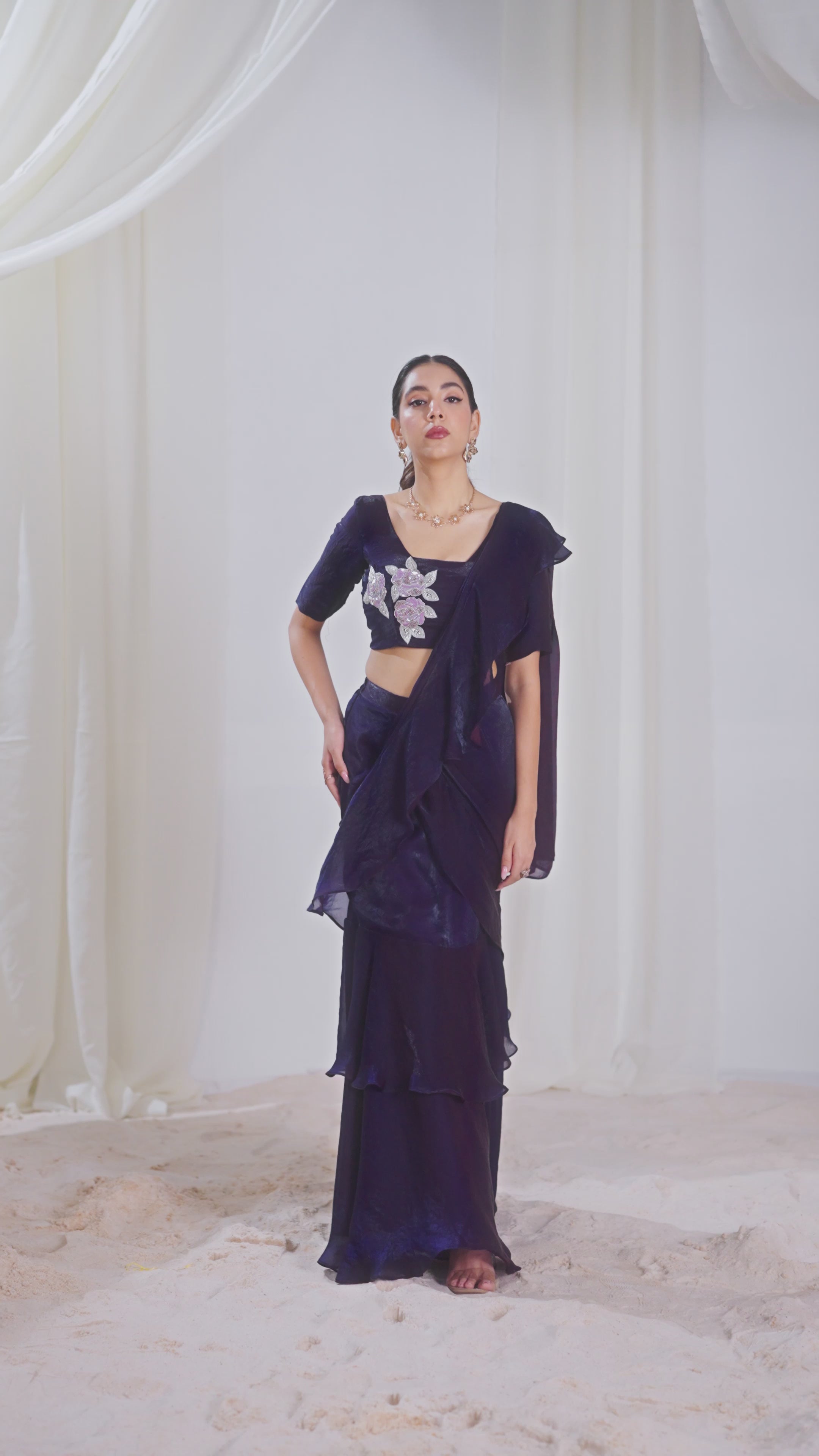 Glamorous Wine Ruffle Organza Pre-Stitched Saree With Hand Work Blouse