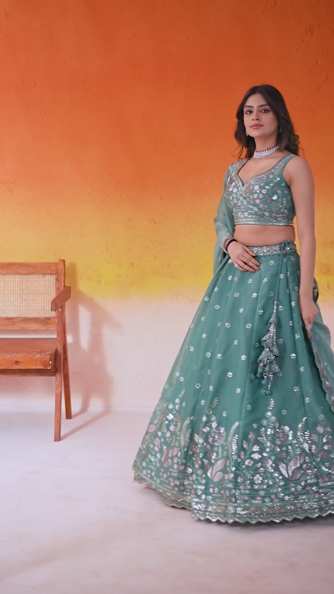 Green Organza Fabric Sequins Thread and Embroidery Semi Stitched Lehenga and Unstitched Blouse With Dupatta