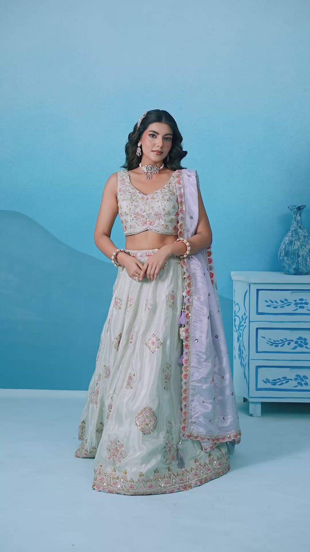 Limegreen Tissue Sequinned and Zari Embroidered Semi Stitched Lehenga and Unstitched Blouse With Dupatta