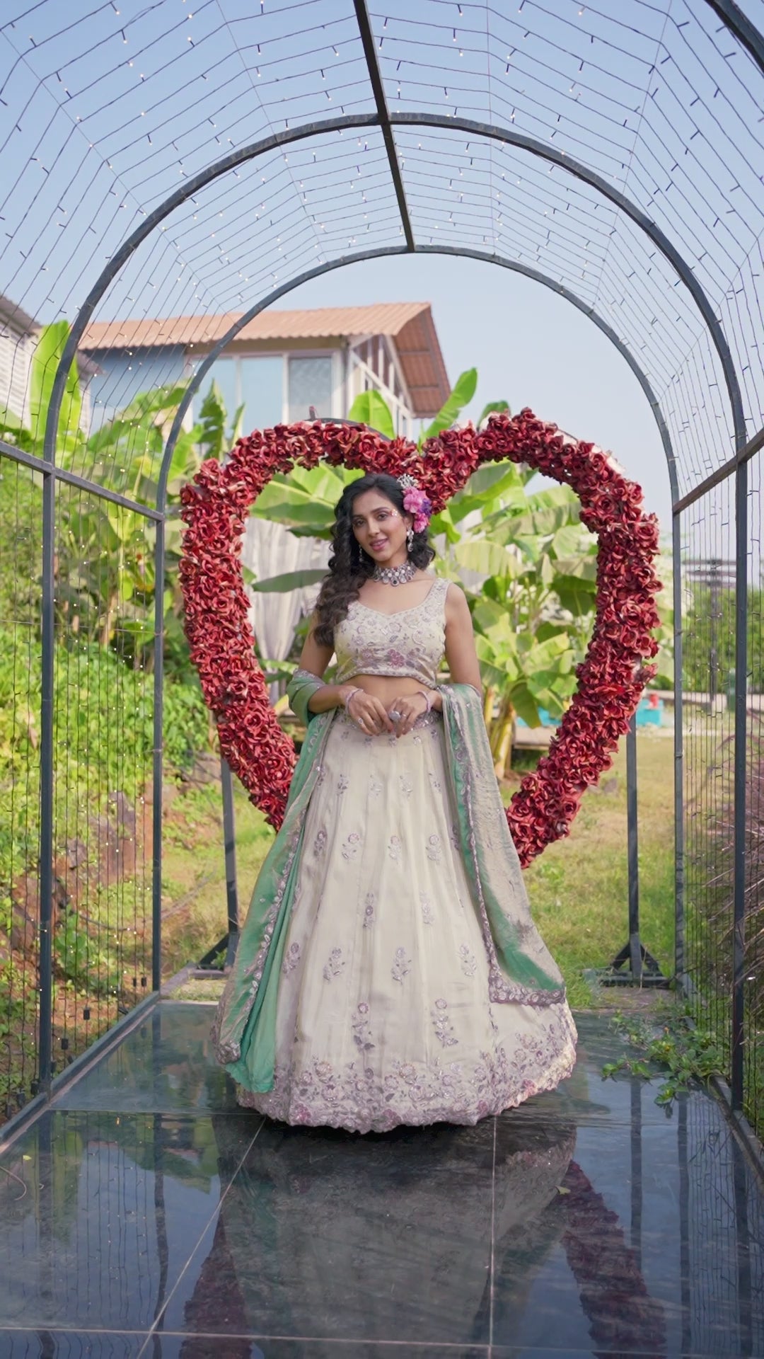 Cream colour tissue Fabric with Sequinse and Thread embroidery Semi-Stitched Lehenga choli and Dupatta