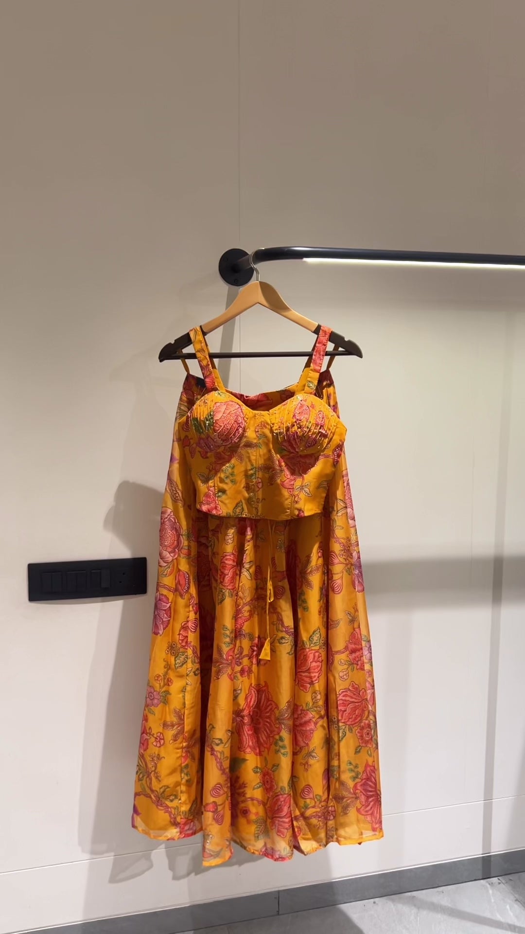 Mustard Yellow Organza Printed Lehenga Blouse