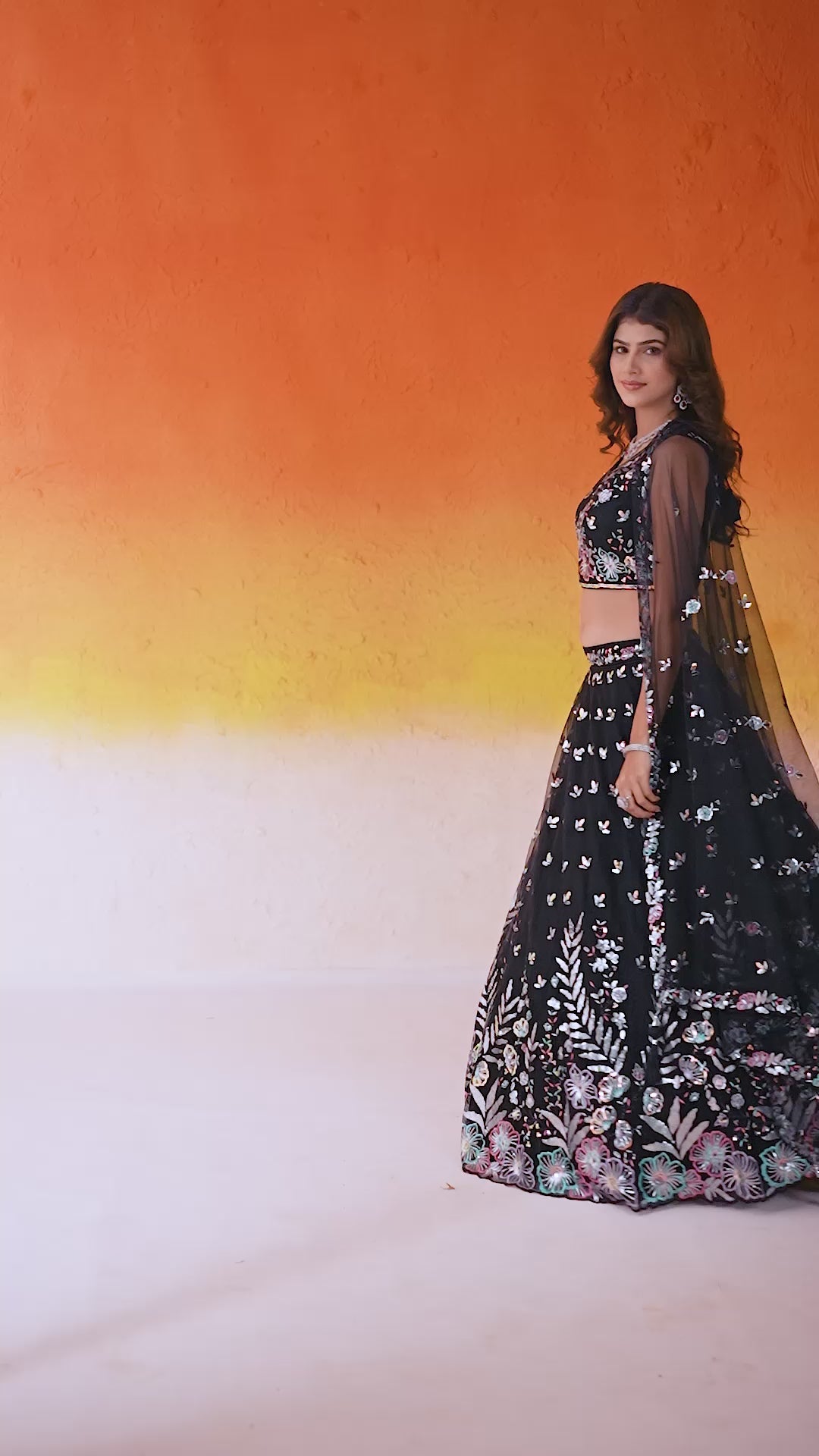 BLACK Net Fabric Sequins Thread and Embroidery Semi Stitched Lehenga and Unstitched Blouse With Dupatta