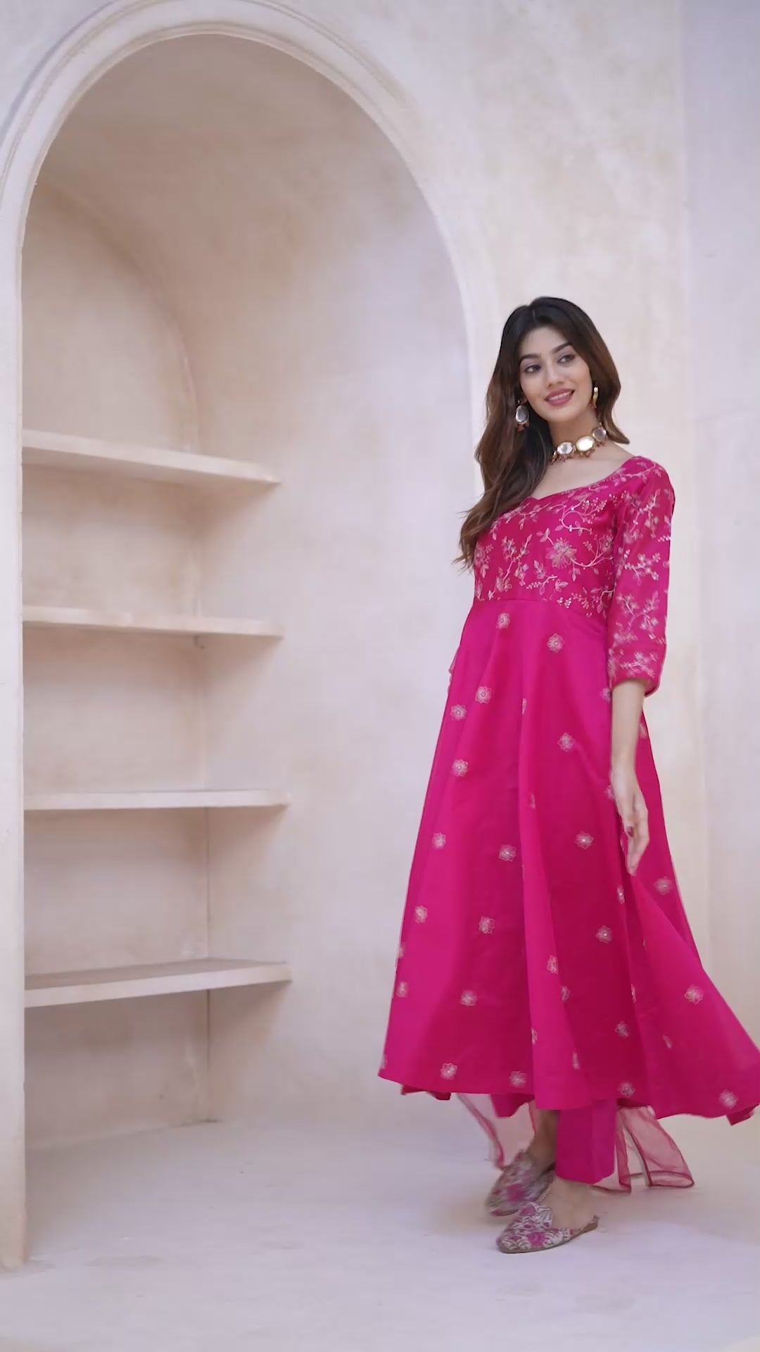 Magenta Floral Embroidered Anarkali Kurta & Trousers & With Dupatta