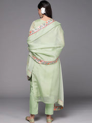 Women Green Floral Yoke Embroidered Kurta with Trousers & Dupatta