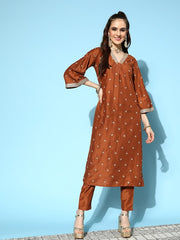 Women Rust Ethnic Motifs Embroidered Kurta with Trousers