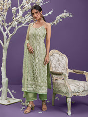 Light Green Net Lukhnowi Work Festive Wear Straight Cut Suit - Inddus.com