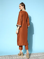 Women Rust Ethnic Motifs Embroidered Kurta with Trousers