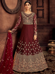 Maroon Net Embroidered Partywear Gown
