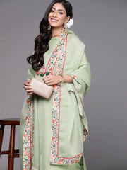 Women Green Floral Yoke Embroidered Kurta with Trousers & Dupatta