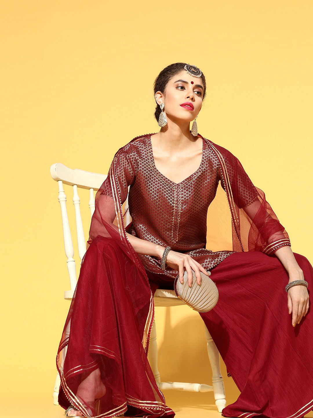 impressive maroon silk blend woven design kurta set