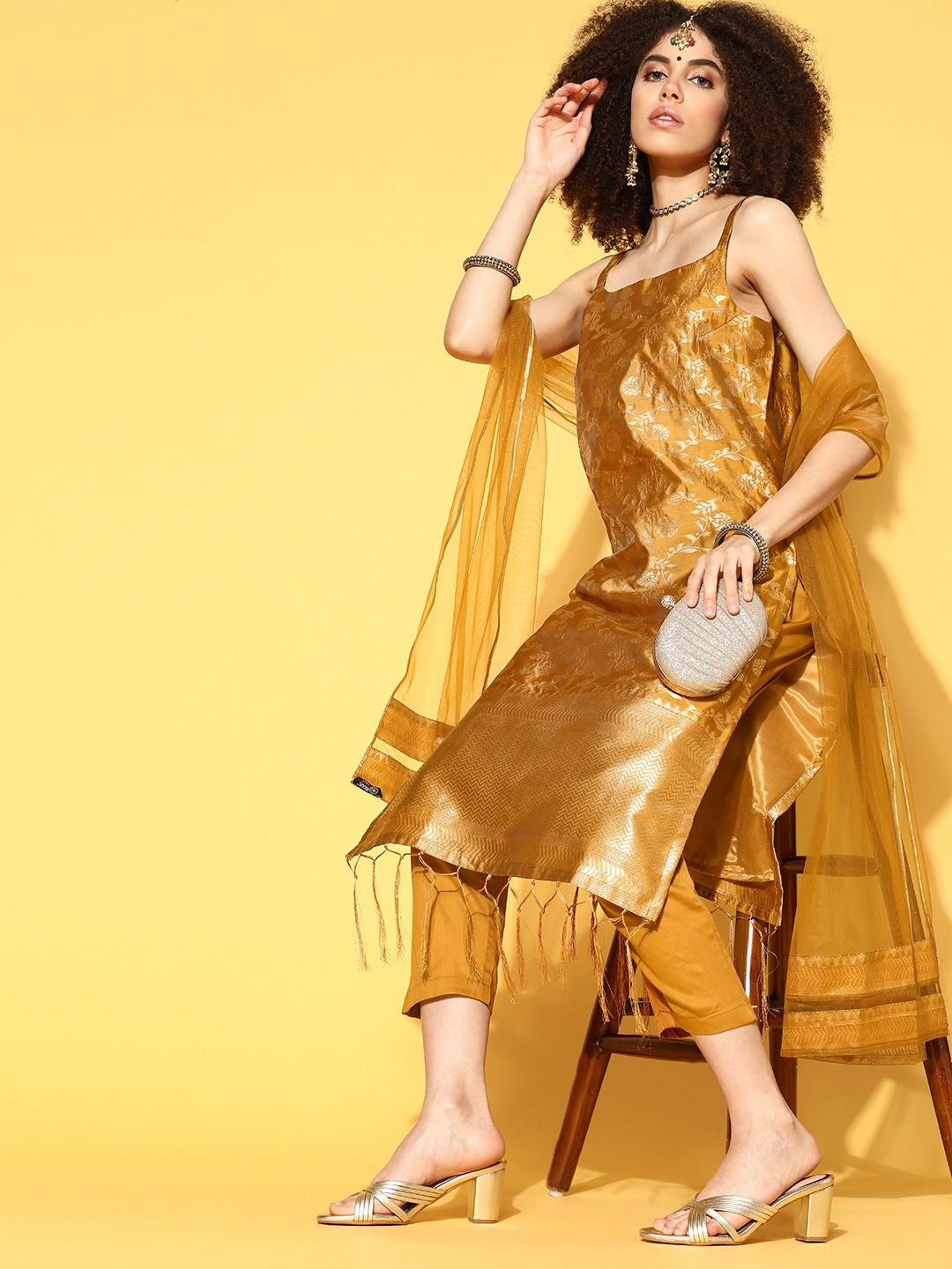 marvellous mustard silk blend woven design kurta set
