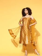 marvellous mustard silk blend woven design kurta set