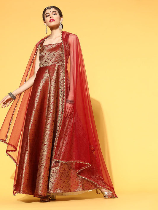 Maroon Brocade Anarkali Kurta with Dupatta