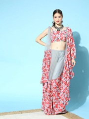 Grey  Pink Floral Printed Ruffle Saree with Blouse Piece