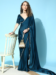 Teal Satin Solid Saree with Mirror Detailing comes with Blouse Piece