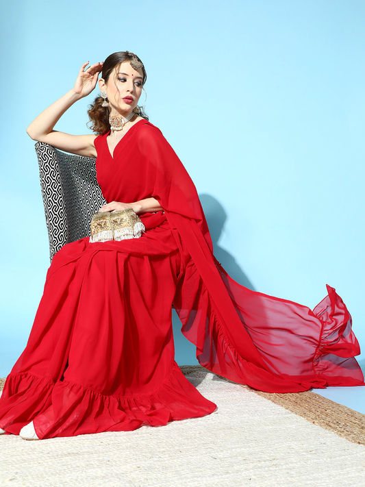 Red Georgette Ruffle Saree with Embellished belt