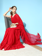 Red Georgette Ruffle Saree with Embellished belt