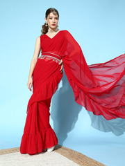 Red Georgette Ruffle Saree with Embellished belt