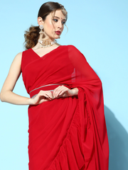 Red Georgette Ruffle Saree with Embellished belt