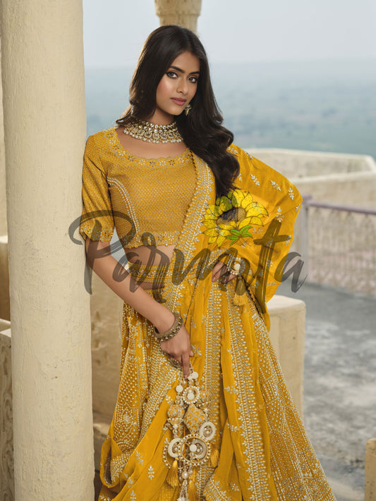 Mustard Hand Embroidered Lehenga Choli Set