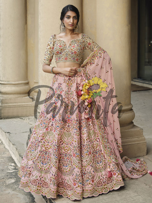 Light Pink Hand Embroidered Lehenga Choli Set