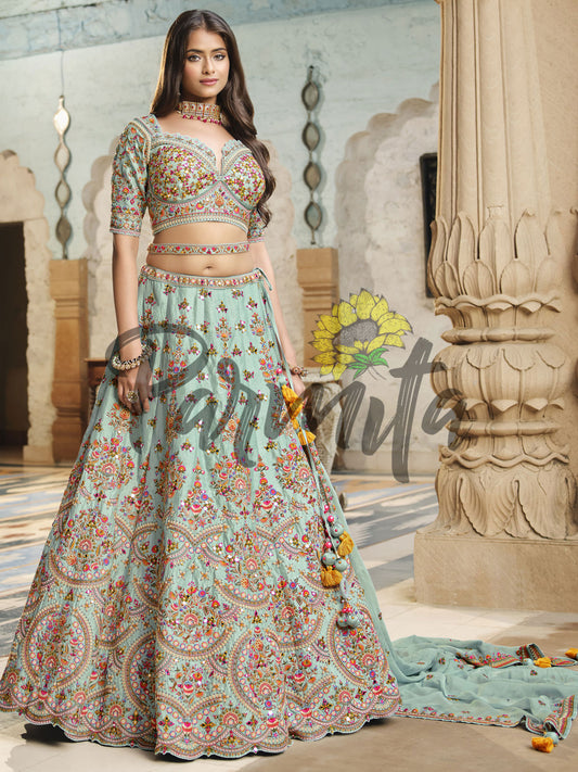 Firozi Blue Hand Embroidered Lehenga Choli Set