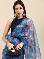 Purple and Blue Floral Digital Print Organza Saree - Inddus.com