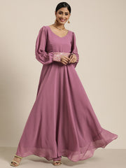 Purple Fit and Flared Gown with Embroidered Belt