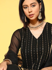 adorable black poly georgette embroidered kurta set