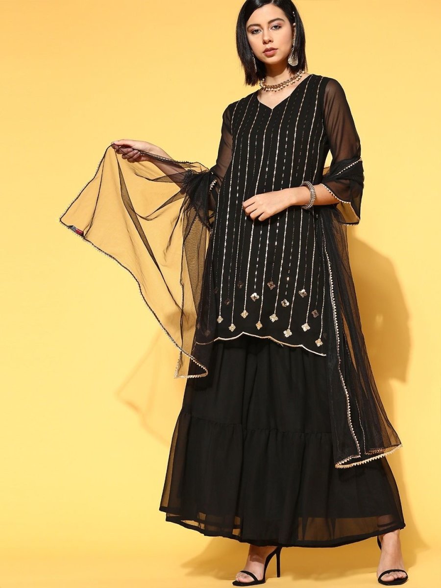 adorable black poly georgette embroidered kurta set
