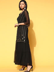 adorable black poly georgette embroidered kurta set