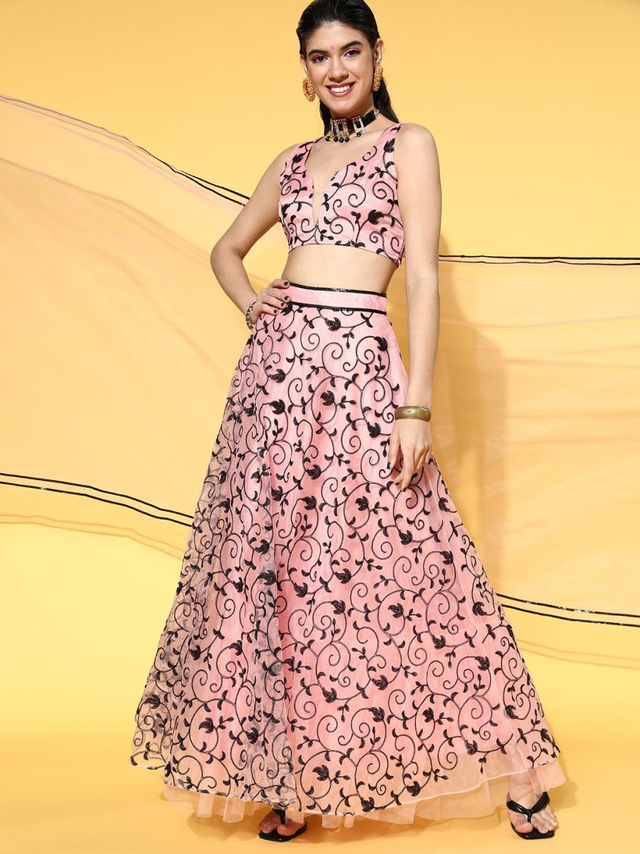 Attractive Peach Embroidered Semi-Stitched Lehenga Choli with Dupatta - Inddus.com