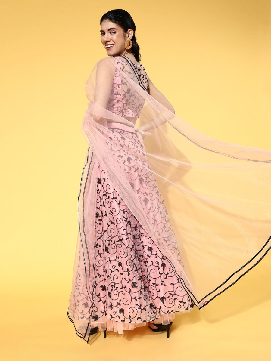 Attractive Peach Embroidered Semi-Stitched Lehenga Choli with Dupatta - Inddus.com