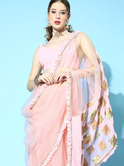 Baby Pink Embroidered Net Ruffle Saree with Blouse Piece - Inddus.com