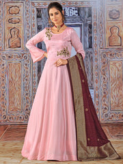Baby Pink Silk Festive Gown - Inddus.com
