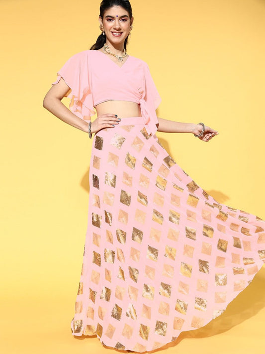 Baby Pink Solid Top & Sequinned Embroidered Skirt - Inddus.com