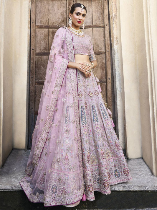 Baby Pink Velvet Embroidered Lehenga Choli - Inddus.com