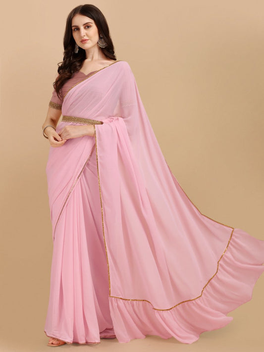 Baby Pink Woven Design Georgette Saree & Embellished Belt - Inddus.com