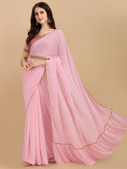 Baby Pink Woven Design Georgette Saree & Embellished Belt - Inddus.com