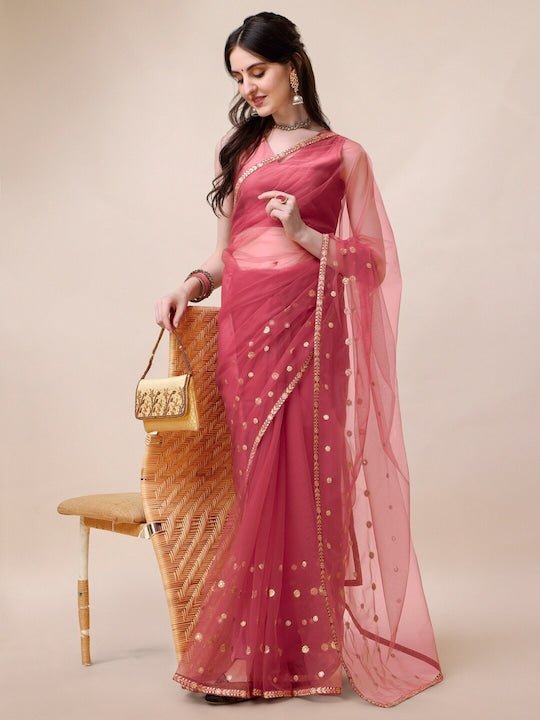 Bandhani Embroidered Sequinned Net Sarees - Inddus.com