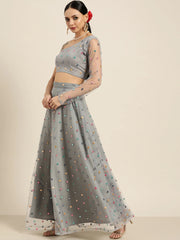 Grey Embroidered Mirror Work Semi-Stitched Lehenga & Unstitched Blouse With Dupatta