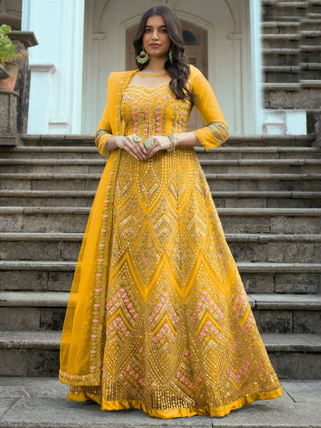 Yellow Prachi Desai Georgette Sangeet Anarkali Gown SIPRF141204 –  ShreeFashionWear