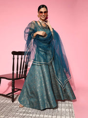 Beautiful Teal Woven Design Semi-stitched Lehenga Choli With Dupatta - Inddus.com