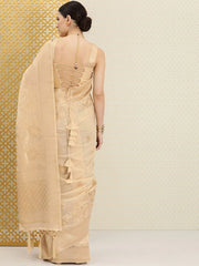 Beige and Golden Floral Zari Woven Traditional Saree - Inddus.com