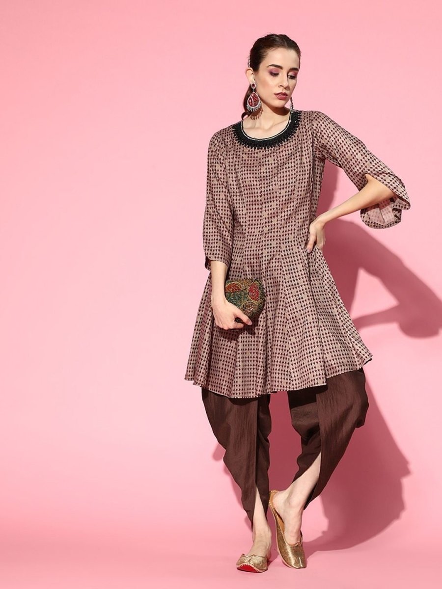 Beige and Grey Printed Embroidered Kurta with Dhoti Pants - Inddus.com