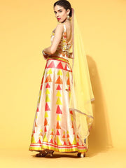 Beige and Neon Lehenga with Dupatta and Blouse - Inddus.com
