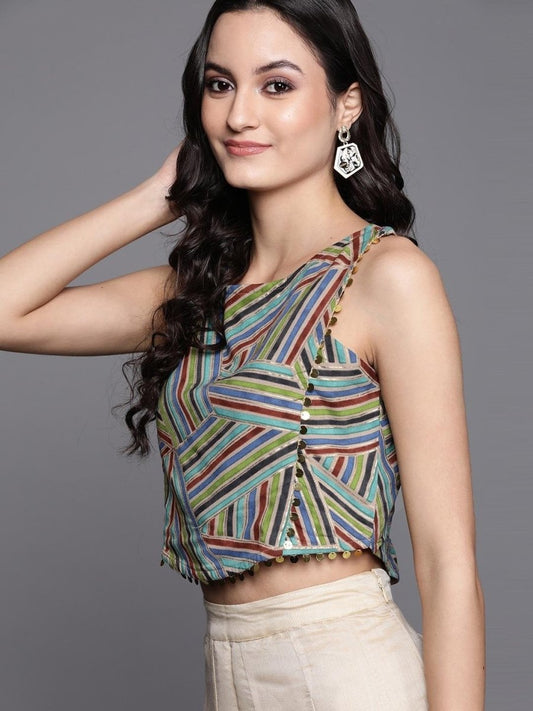 Beige & Blue Geometric Printed Crop Top - inddus-us