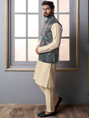 Beige & Blue Mandarin Collar Kurta Trousers with jacket - Inddus.com