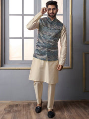 Beige & Blue Mandarin Collar Kurta Trousers with jacket - Inddus.com